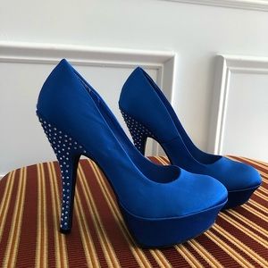 Blue Dollhouse pumps with rhinestone heel
